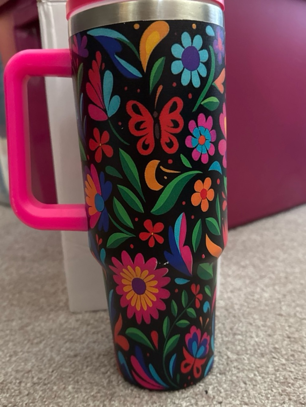 Floral Butterfly Travel Tumbler with Pink Handle